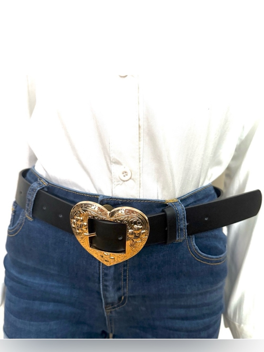 Black PU leather gold tone buckle studded skinny belt